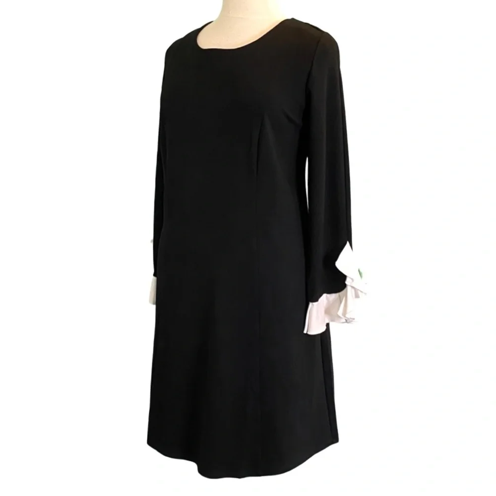 Eloquii Long Sleeve Ivory Ruffle Cuff Round Neck Black Knit Sheath Dress Size 22 - Picture 2 of 8